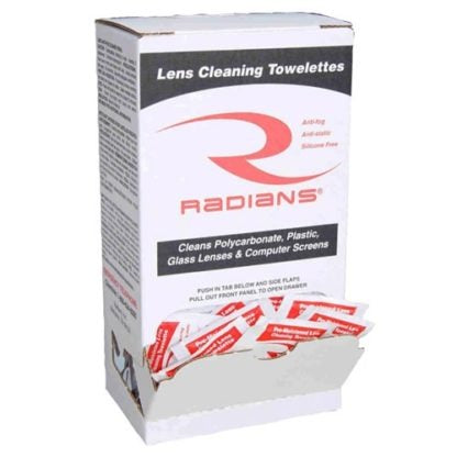 Radians Anti-fog and Anti-static., -Silicone Free., -Excellent for cleaning glass, plastic and polycarbonate., -100 foil wrapped towelettes in each dispenser.