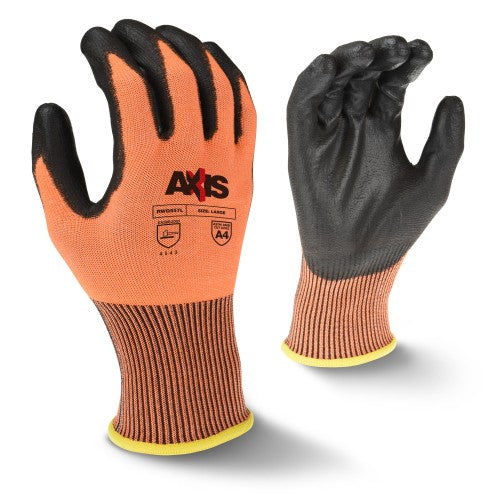 Radians Axis 13-Gauge Hi-Viz Orange ANSI A4 Black PU Palm Cut Resistant Work Gloves Coated Palm