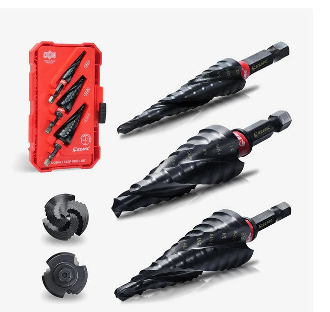 EZARC 3-Piece Step Drill Bit Set 1/4 Hex Shank M35 Cobalt Variable Step Drill Bit