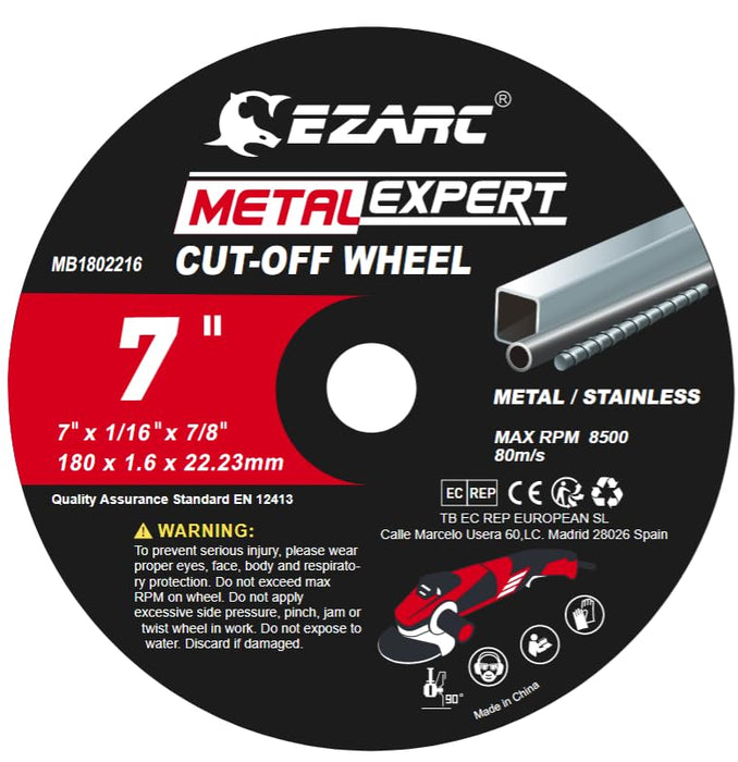 EZARC 7 Inch Metal Cut-Off Disc 1/16 Thick 7/8 Arbor 8500 RPM Abrasive Wheels