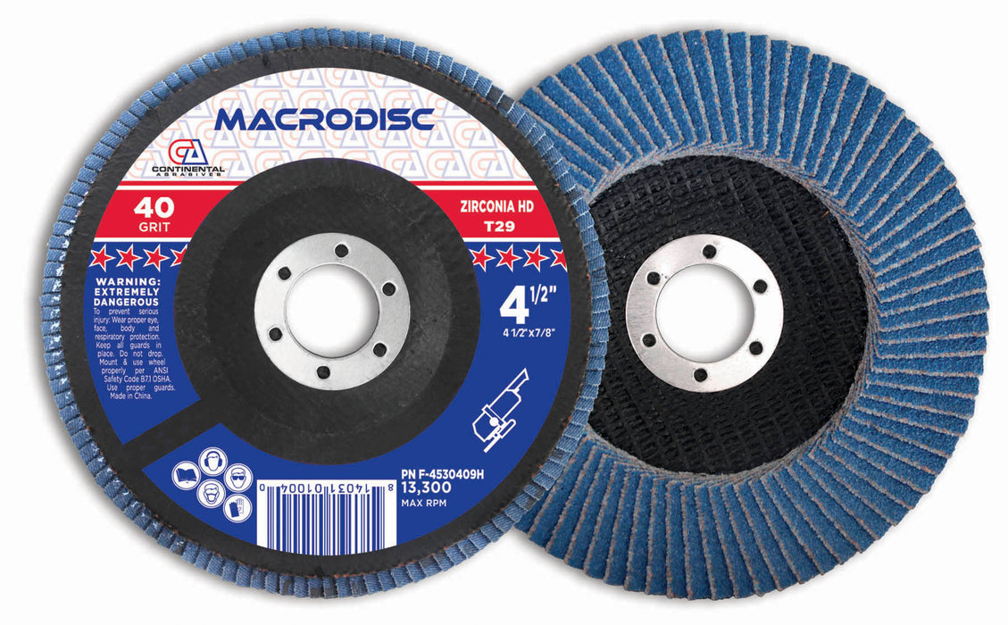 Continental 4-1/2 Inch Zirconia Flap Disc 40 Grit 7/8 Arbor Blending Contouring Abrasive Wheels