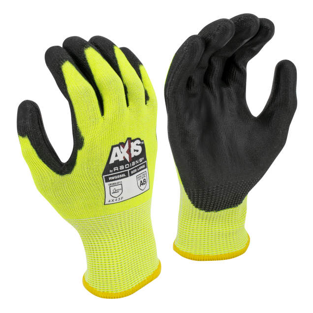 Radians Axis 13-Gauge Hi-Viz Green ANSI A8 HPPE Black PU Palm Cut Resistant Work Gloves Coated Palm