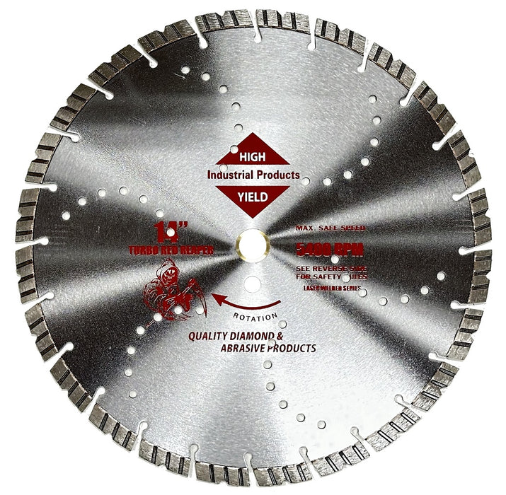 High Yield TurboRR14 14 Inch x .125 Premium Turbo Segmented Diamond Blade 1 Inch 20mm Arbor 5400 RPM 12mm Rim