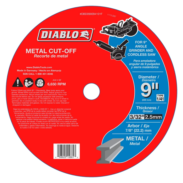 Diablo 9 Inch Premium Aluminum Oxide Metal Cut-Off Disc 6650 RPM Cut-Off Discs