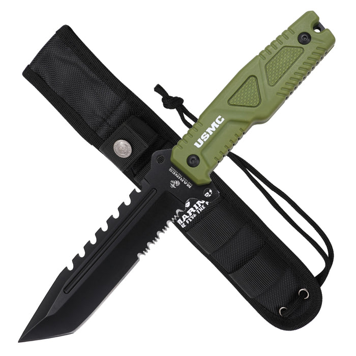 USMC M-FIX3003GN 11 Inch 3Cr13 Steel Fixed Blade Knife Black Blade Nylon Sheath Knives Cutting Tools