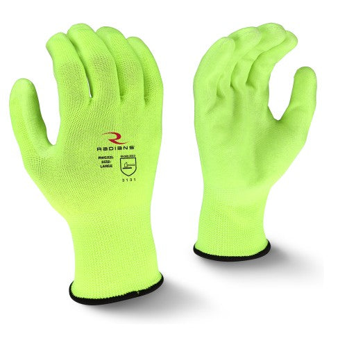 Radians 13-Gauge Hi-Viz Yellow Polyester PU Dipped Work Gloves Coated Palm